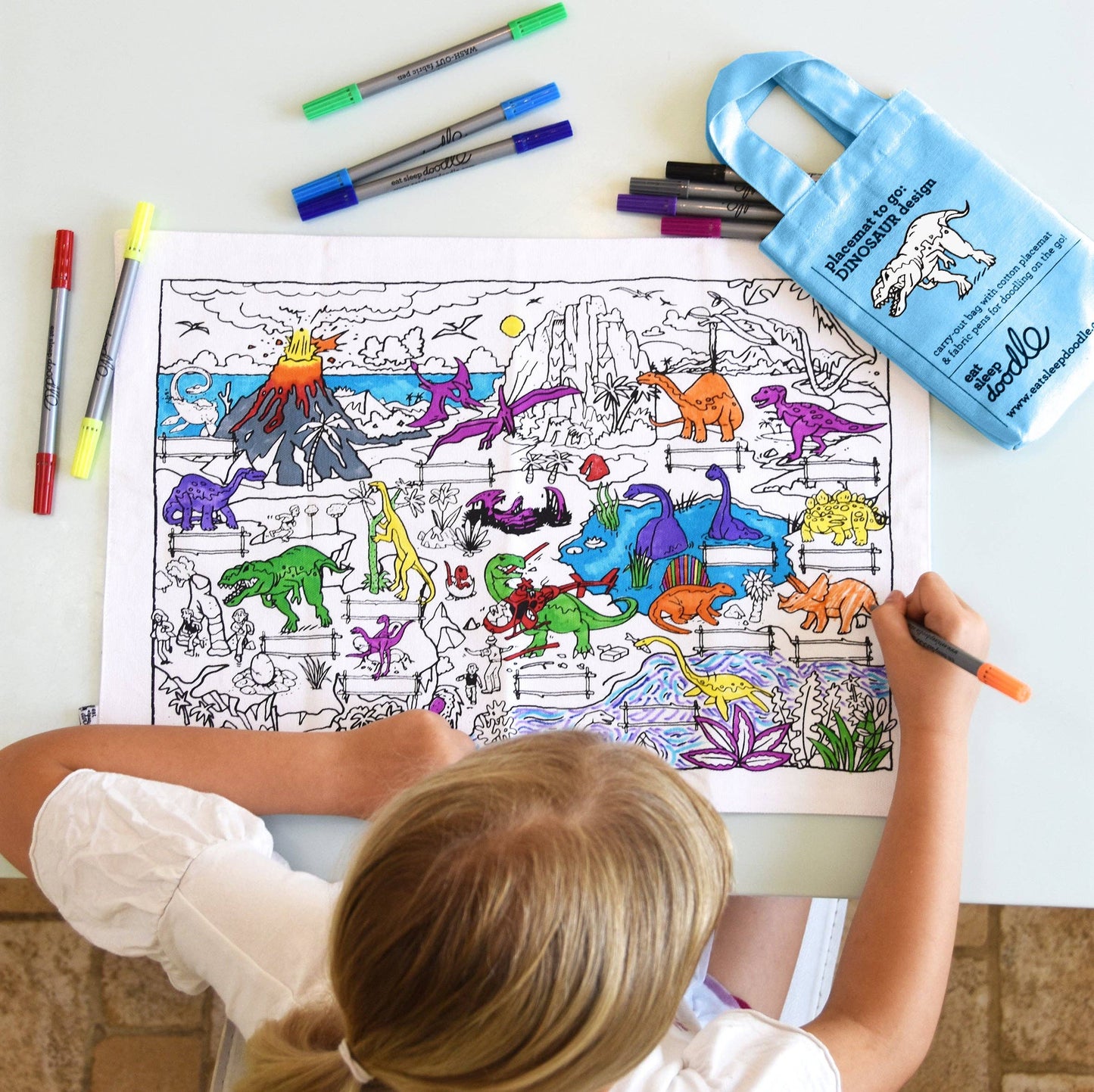 Cotton Dinosaur Colour-In Placemat with Washable Pens