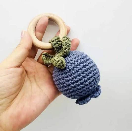 Handmade Crocheted Rattle with Beechwood Ring – Blueberry