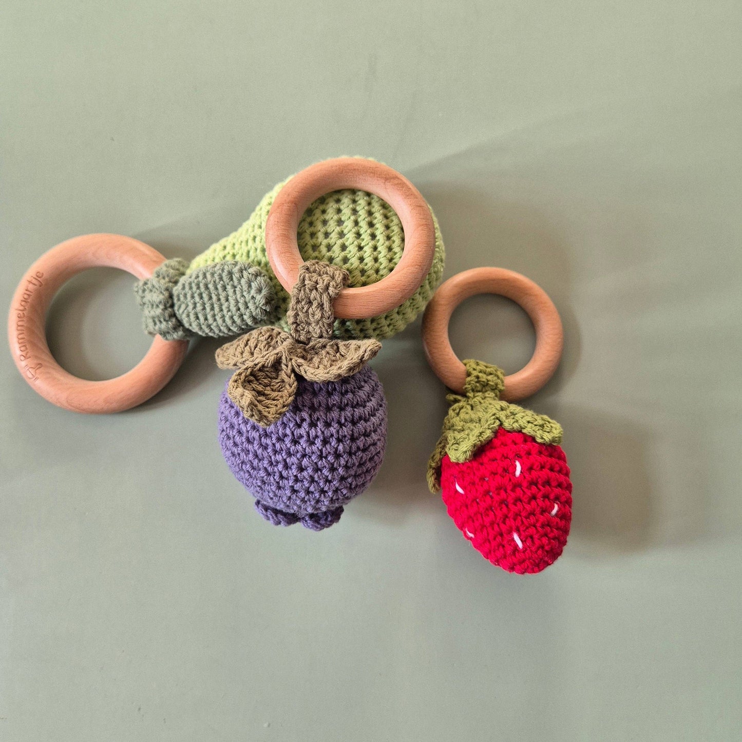 Handmade Crocheted Rattle with Beechwood Ring – Blueberry