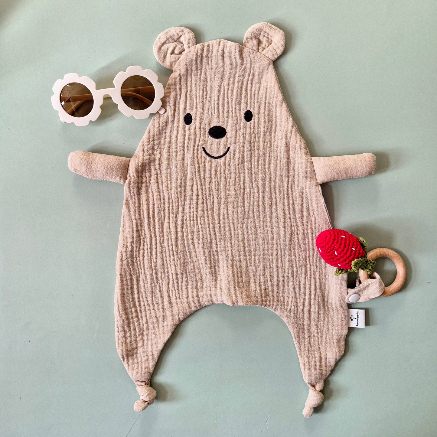 Handmade Crocheted Rattle with Beech Wood Ring – Strawberry