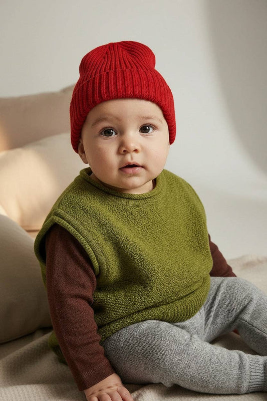 Merino Wool Knitted Baby Hat - Lava: 62/68