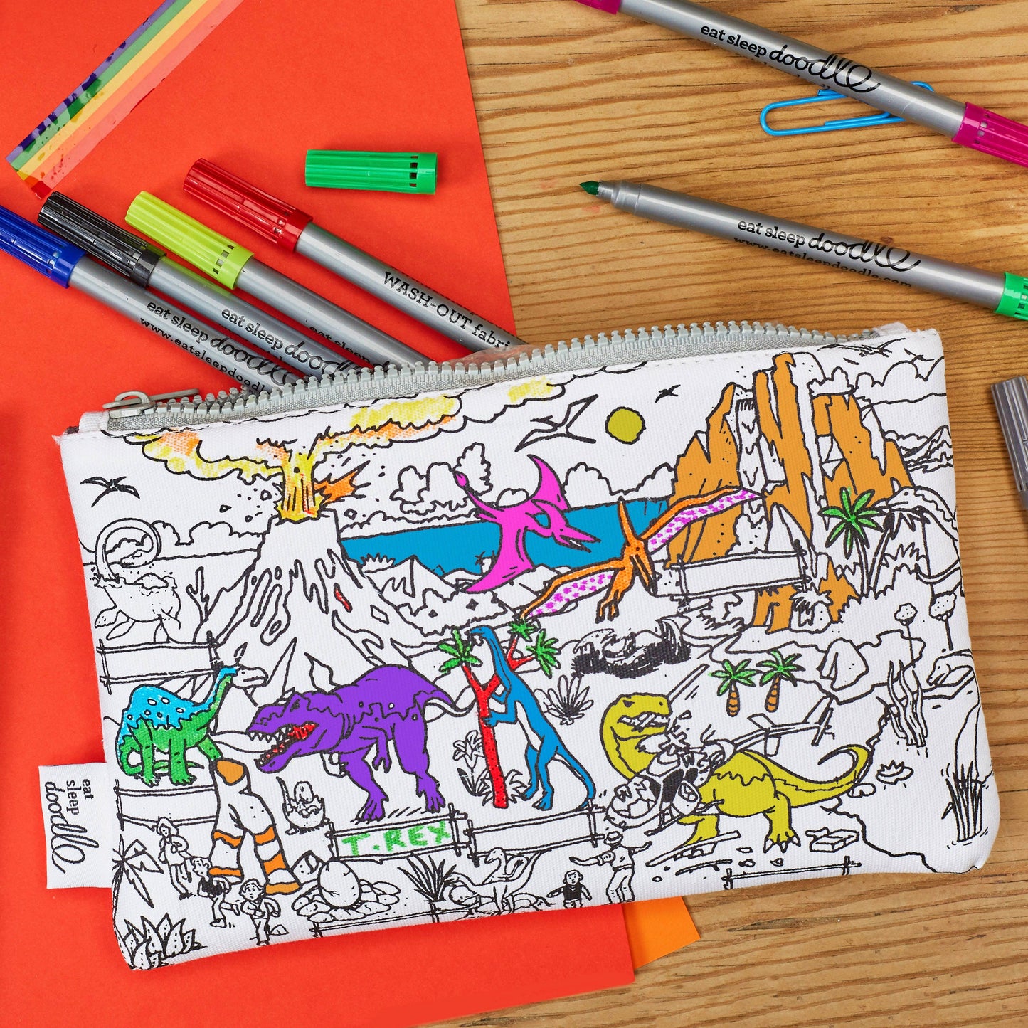 Dinosaur Cotton Colour-In Pencil Case with Washable Pens