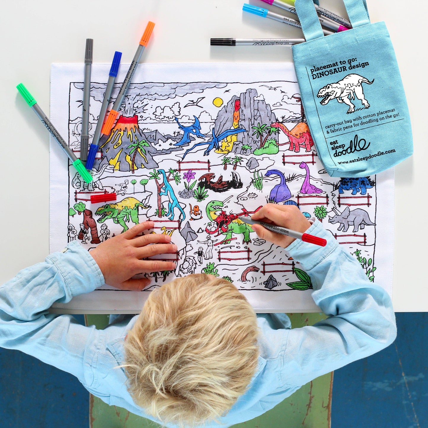 Cotton Dinosaur Colour-In Placemat with Washable Pens