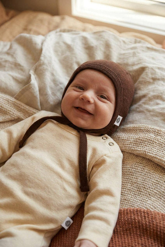 Baby wool bow hat – Merino wool - Chocolate Fondant: 56