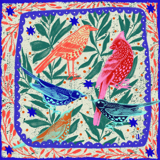 Five birds square greeting card 14x14 cm.