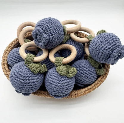 Handmade Crocheted Rattle with Beechwood Ring – Blueberry