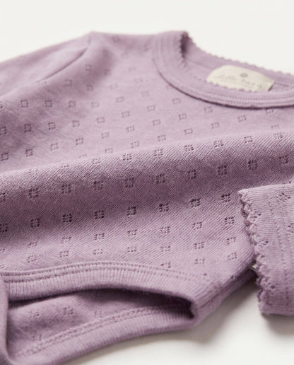 Wool romper long sleeves pointelle - merino wool - Lavender Frost: 62