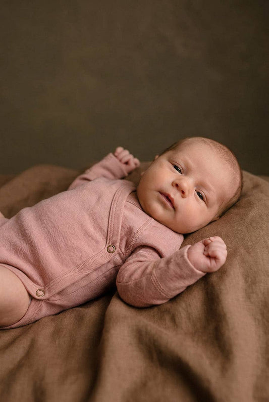 Long Sleeve Wool Wrap Bodysuit — Merino Wool - Misty Rose: 50