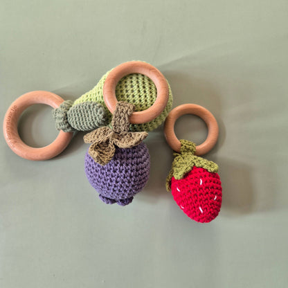 Handmade Crocheted Rattle with Beechwood Ring – Blueberry