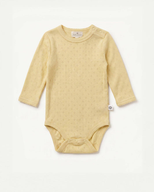 Woolen romper, long sleeves, pointelle - merino wool - Dusty Yellow: 68