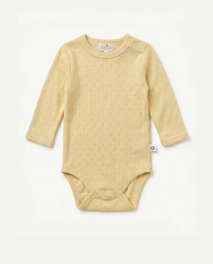 Woolen romper, long sleeves, pointelle - merino wool - Dusty Yellow: 62