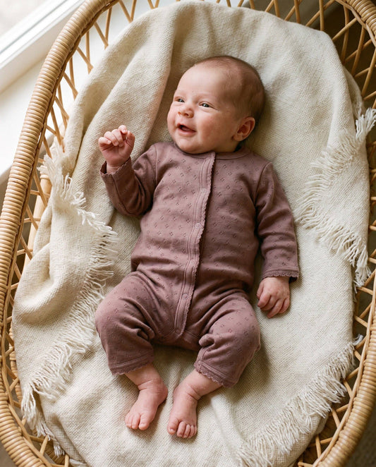 Wool baby onesie pointelle - merino wool - Rose Brown: 50