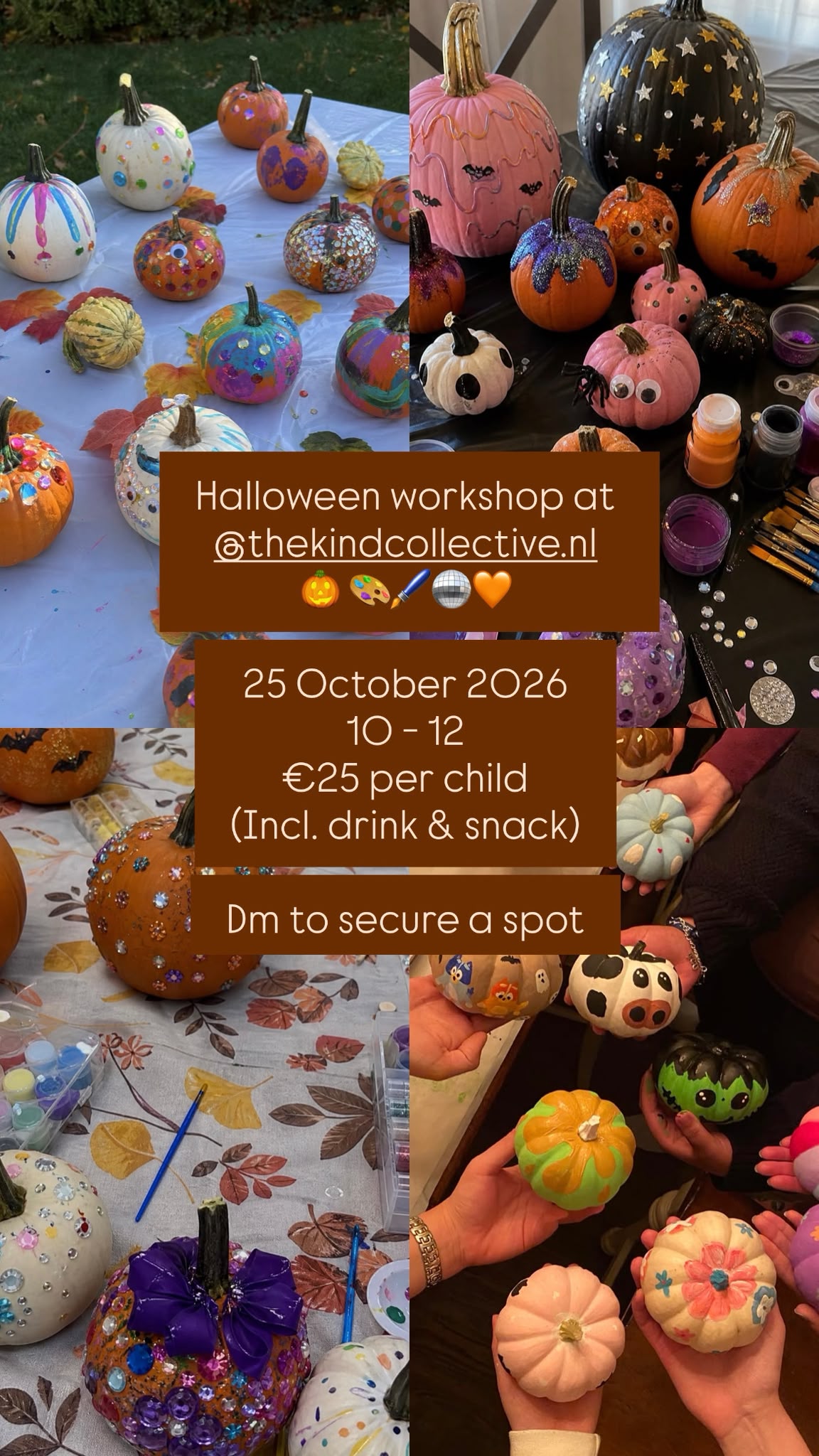 Halloween workshop poster with decorated pumpkins, 25 October 2026, 10–12, €25 per child including drink and snack