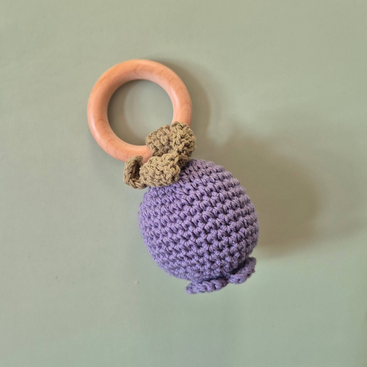 Handmade Crocheted Rattle with Beechwood Ring – Blueberry