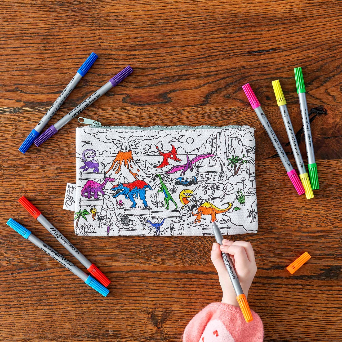Dinosaur Cotton Colour-In Pencil Case with Washable Pens