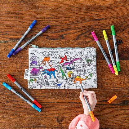 Dinosaur Cotton Colour-In Pencil Case with Washable Pens