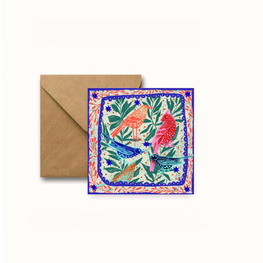 Five birds square greeting card 14x14 cm.