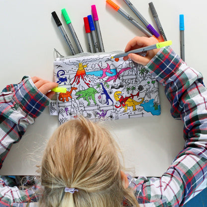 Dinosaur Cotton Colour-In Pencil Case with Washable Pens
