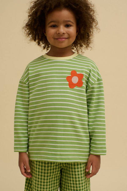 STRIPED FLOWER TEE: Green